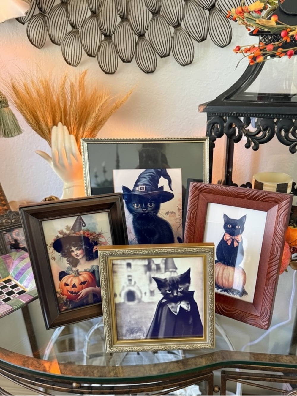 Vintage Framed Black Cat Halloween Decor- Set of 4